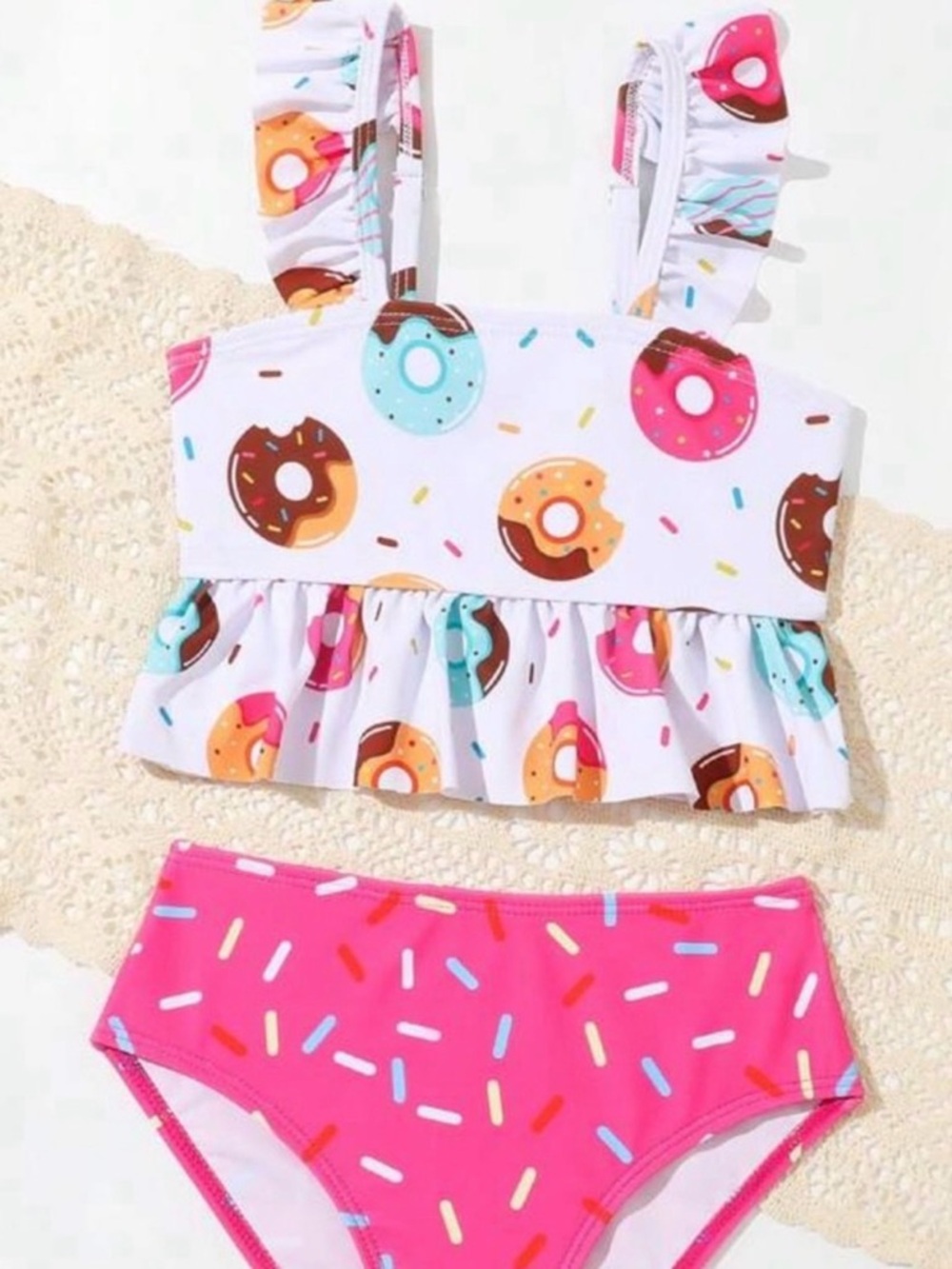 SHEIN Pink & White Kids Donut Print Ruffle Tankini